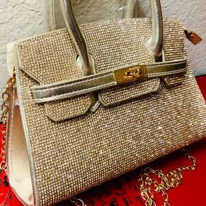 SPARKLING GOLD EVENING HANDBAG 💛  CHAIN STRAP SHOULDER RHINESTONE BLING  BAG